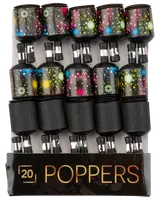 Förpackning med 20 färgglada party-poppers med svarta baser och fyrverkerimönster, perfekta för festliga tillfällen. Varje popper är individuellt för engångsbruk.