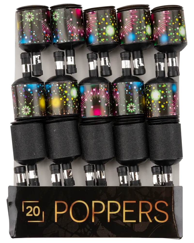 Förpackning med 20 färgglada party-poppers med svarta baser och fyrverkerimönster, perfekta för festliga tillfällen. Varje popper är individuellt för engångsbruk.