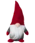 Mjuk tomtefigur med hög röd luva, vitt konstskägg, rund näsa, grå kropp samt röda vantar och skor. Perfekt för jul- eller vinterdekoration.