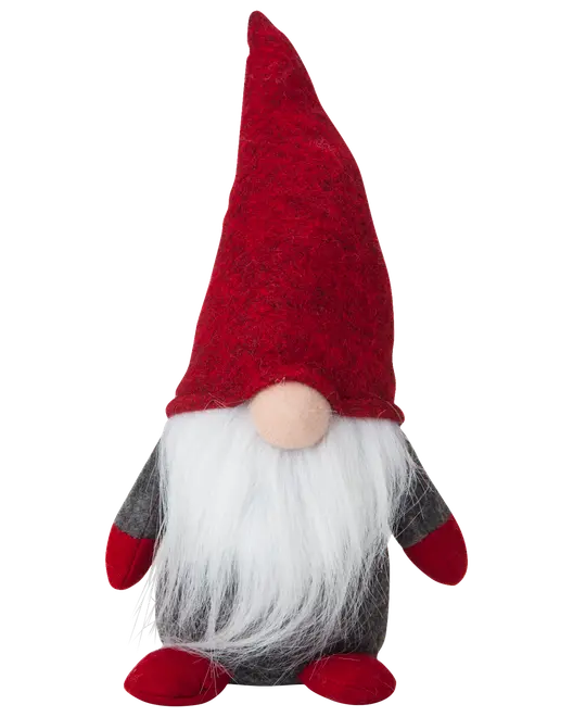 Mjuk tomtefigur med hög röd luva, vitt konstskägg, rund näsa, grå kropp samt röda vantar och skor. Perfekt för jul- eller vinterdekoration.