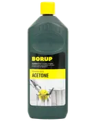 En-liters flaske Borup kemisk ren acetone med gul låg. Etiketten er sort og gul med brugsanvisning og billede af acetone, der hældes i en beholder.