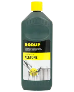En-liters flaske Borup kemisk ren acetone med gul låg. Etiketten er sort og gul med brugsanvisning og billede af acetone, der hældes i en beholder.