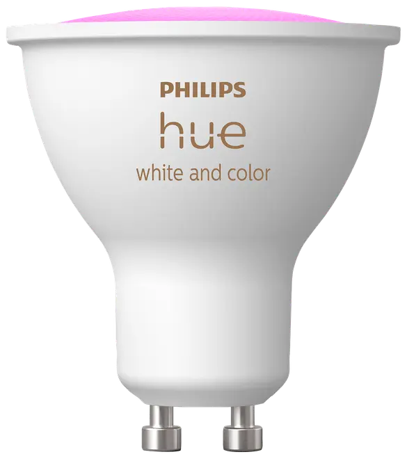 Philips Hue GU10 smart LED-pære, hvid og farve, kompakt spotdesign, hvidt kabinet, sølv GU10-fatning, justerbar belysning, kompatibel med smart home-systemer.