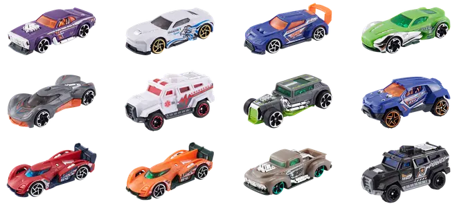 Set med tolv Hot Wheels-leksaksbilar i olika färger och stilar, inklusive sportbilar, racerbilar, utryckningsfordon och terrängbilar. Varje bil har detaljerad målning och unik design.