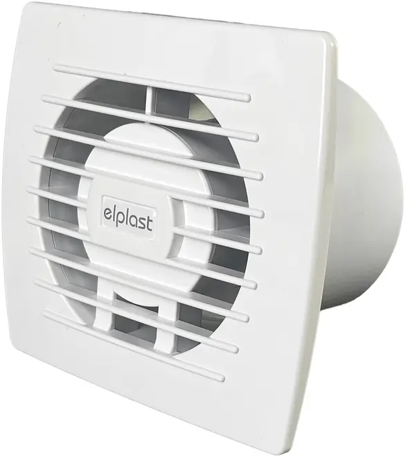 Hvid plast udsugningsventilator med frontgitter, cirkulær åbning og elplast-logo. Velegnet til væg- eller loftmontering i badeværelser, køkkener eller bryggers.