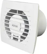 Vit plast frånluftsfläkt med frontgaller, rund ventil och elplast-logotyp. Passar för vägg- eller takmontering i badrum, kök eller grovkök.