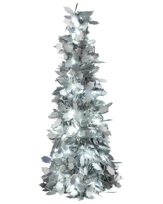 Sølvfarvet glimmer juletræ med hvide LED-lys, metallic blade og slank, konisk form. Perfekt til julepynt, bord eller små rum. Ingen pynt medfølger.