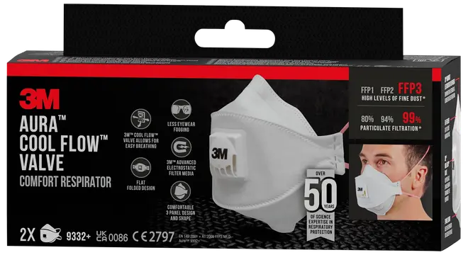 Æske med 3M Aura Cool Flow Valve komfortåndedrætsværn, FFP3-niveau, hvidt, fladt foldet maske med ventil for nem vejrtrækning, høj partikel-filtrering, pakke med 2 stk.