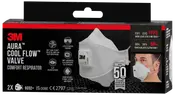 Æske med 3M Aura Cool Flow Valve komfortåndedrætsværn, FFP3-niveau, hvidt, fladt foldet maske med ventil for nem vejrtrækning, høj partikel-filtrering, pakke med 2 stk.
