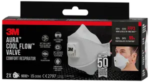 Æske med 3M Aura Cool Flow Valve komfortåndedrætsværn, FFP3-niveau, hvidt, fladt foldet maske med ventil for nem vejrtrækning, høj partikel-filtrering, pakke med 2 stk.