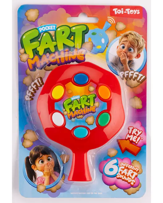Rødt plastiklegetøj kaldet Pocket Fart Machine med seks farvede knapper, der hver laver forskellige pruttelyde. Pakket på farverig baggrund med sjove illustrationer og branding.