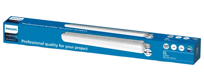 Philips ProjectLine LED vandtæt armatur, 36W, 4000K, 2000 lumen, 120 cm længde. Pakket i blå æske med produktbillede og specifikationer.
