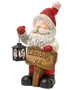 Julemandfigur med lanterne og træskilt med teksten 'Glædelig jul', rød hat, hvidt skæg og sorte støvler som festlig juledekoration.