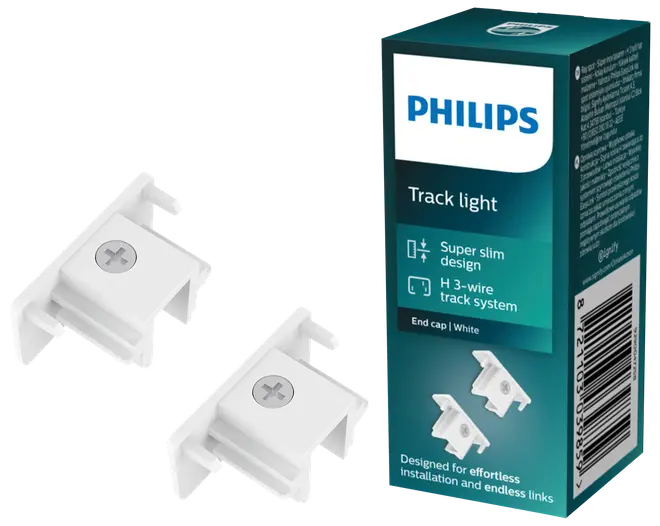 Philips endestykker til skinnebelysning, hvide, super slankt design til H 3-leder system. Indeholder to plastikendestykker med skruer, nem montering og sikker afslutning af skinne.