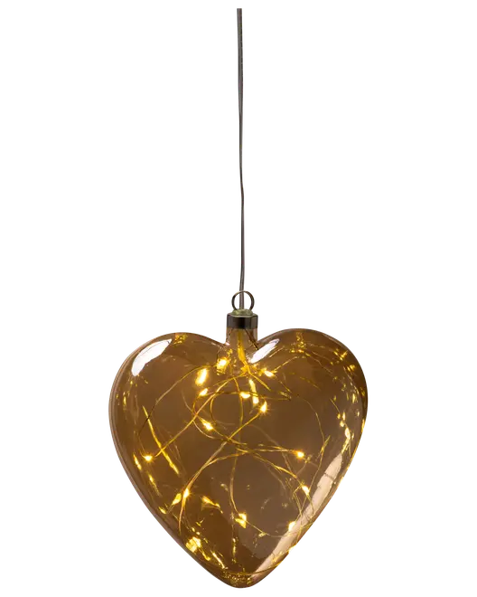 Hjerteformet glasornament med varme hvide LED-lyskæder indeni, sølvfarvet ophæng og gennemsigtigt bånd. Perfekt til festlig eller romantisk dekoration.