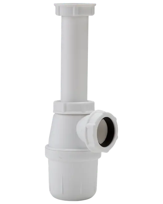 Hvid plastflaskevandlås til håndvaske med justerbare tilslutninger, aftagelig bund for nem rengøring og kompressionsfitting for let installation i VVS-systemer.