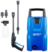 Nilfisk C 100.7 högtryckstvätt med blå enhet, sprutpistol, lans, munstycken och rengöringsflaska. Kompakt design, passar för bil, uteplats och utomhusrengöring.