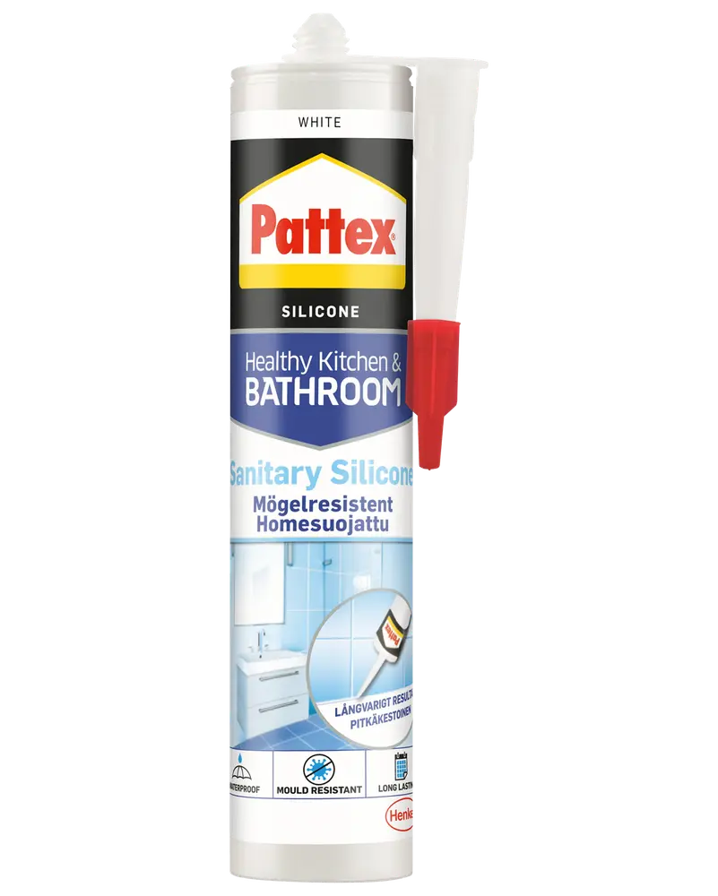 Pattex sanitær silikoneforsegling, hvid, til køkken og badeværelse. Skimmelresistent, vandtæt, langtidsholdbar. Leveres i tube med dyse for nem påføring.