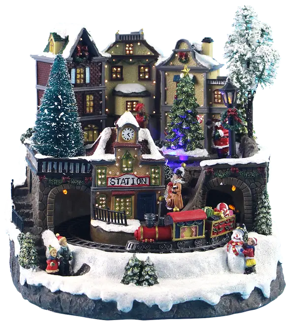 Miniature julelandsby med sne, oplyste huse, togstation, kørende tog, pyntede træer og figurer som julemand, børn og snemand. Håndmalet, detaljeret juledekoration.