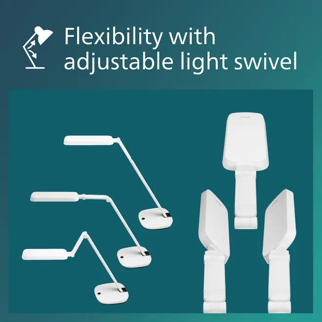 Hvid skrivebordslampe med justerbar drejearm og lampehoved, vist i flere positioner. Kompakt base, moderne design, fleksibel til forskellige lysvinkler. Ideel til arbejdsområder eller læsning.