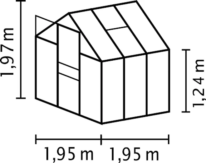 Växthus med sadeltak, dörr och paneler. Mått: 1,97 m höjd, 1,24 m sidoväggshöjd, 1,95 m bredd och längd. Enkel linjeteckning med mått.