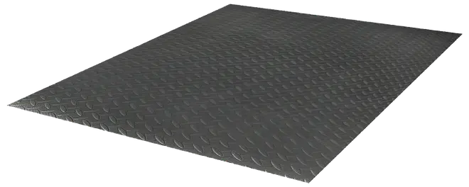 Sort gummimåtte med diamantmønster, rektangulær form, skridsikker og slidstærk, velegnet til garage, værksted eller industri. Nem at rengøre og robust kvalitet.