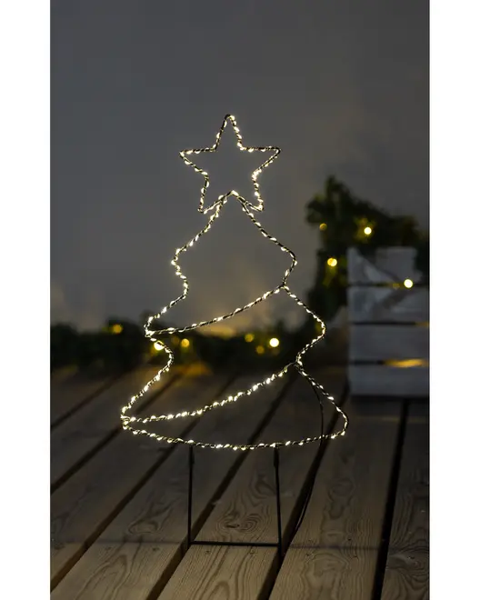 LED-julgranssiluett med stjärna, varmvit belysning, metallram, passar för inomhus- eller utomhusdekoration, står på två ben, minimalistisk festdesign.