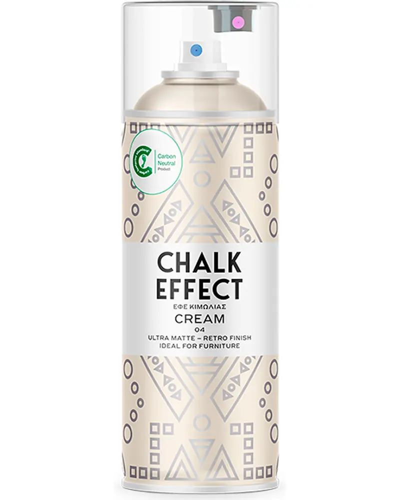 Kridteffekt spraymaling i cremefarve, ultra mat retro finish, ideel til møbler. Dåsen har geometrisk mønster og gennemsigtigt låg, velegnet til kreative og restaureringsprojekter.