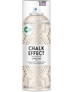 Kridteffekt spraymaling i cremefarve, ultra mat retro finish, ideel til møbler. Dåsen har geometrisk mønster og gennemsigtigt låg, velegnet til kreative og restaureringsprojekter.
