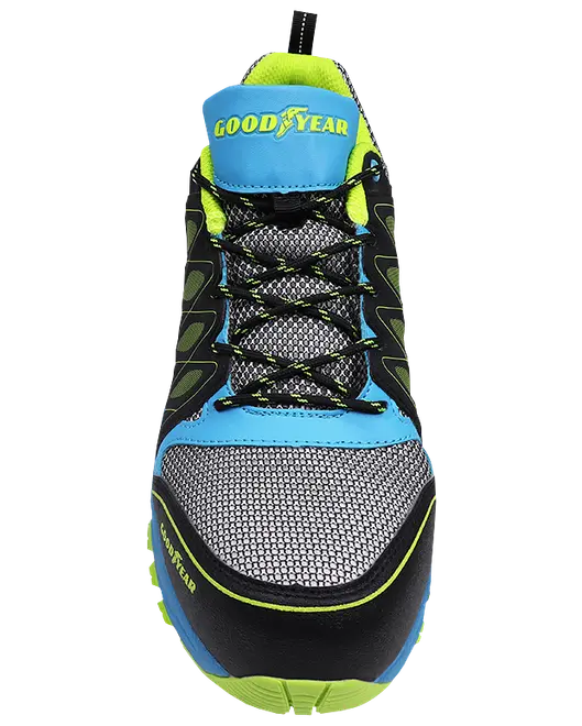 Herresportssko med mesh-overdel, blå og sorte detaljer, neongrønne accenter, sorte snørebånd og Goodyear-logo på pløs og side. Holdbar, åndbar og komfortabel.