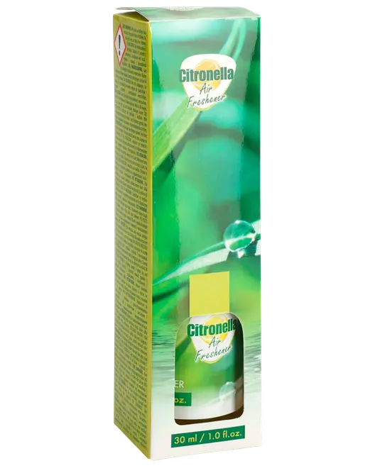 Grøn Citronella-luftfrisker æske med flaskeillustration, 30 ml/1,0 fl oz, til frisk citrusduft i rummet.