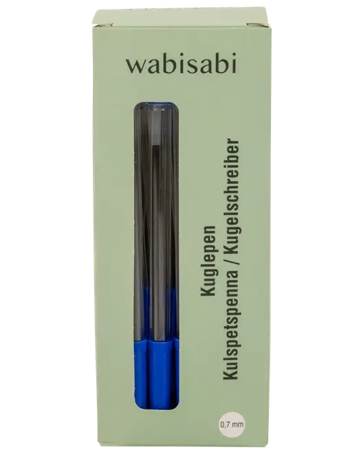 Förpackning med Wabisabi kulspetspennor, blått bläck, 0,7 mm spets, tre pennor synliga, grön förpackning med produktinformation på flera språk.