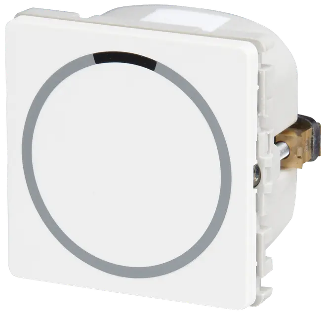 Moderne hvid lyskontakt med cirkulært touch-område og lille sort indikator øverst, designet til vægmontering, velegnet til moderne hjem eller kontorindretning.