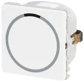 Moderne hvid lyskontakt med cirkulært touch-område og lille sort indikator øverst, designet til vægmontering, velegnet til moderne hjem eller kontorindretning.