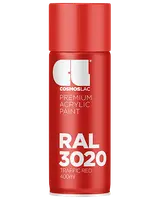 Rød spraydåse med Cosmoslac premium akrylmaling, RAL 3020 Traffic Red, 400 ml, mat finish og tydelig hvid skrift på forsiden.