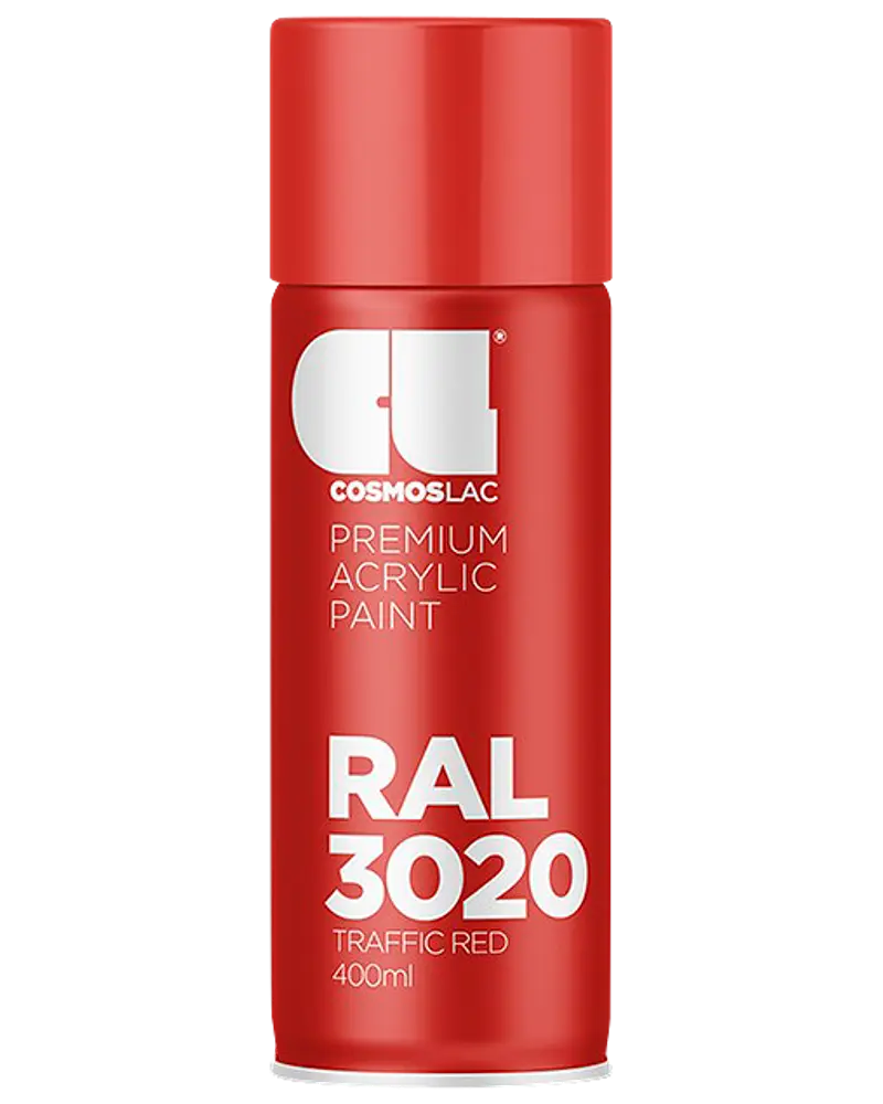 Rød spraydåse med Cosmoslac premium akrylmaling, RAL 3020 Traffic Red, 400 ml, mat finish og tydelig hvid skrift på forsiden.