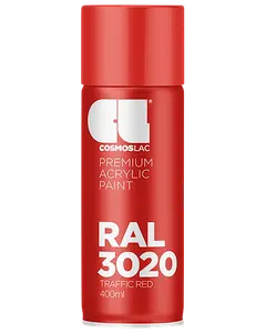 Rød spraydåse med Cosmoslac premium akrylmaling, RAL 3020 Traffic Red, 400 ml, mat finish og tydelig hvid skrift på forsiden.