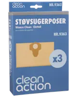 Pakke med 3 Clean Action støvsugerposer, kompatible med Wasco Clean og Einhell modeller. Papkrave med centralt hul for nem montering. Modelnummer NR.9363.