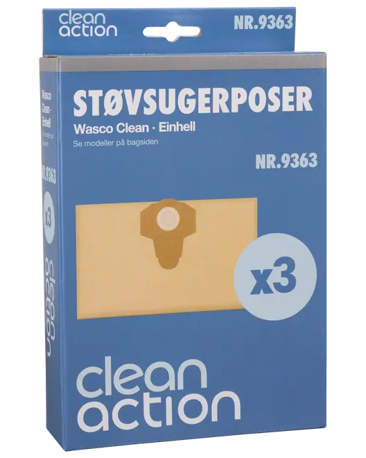 Förpackning med 3 Clean Action dammsugarpåsar, kompatibla med Wasco Clean och Einhell modeller. Kartongkrage med centralt hål. Modellnummer NR.9363.
