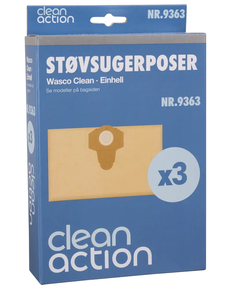 Pakke med 3 Clean Action støvsugerposer, kompatible med Wasco Clean og Einhell modeller. Papkrave med centralt hul for nem montering. Modelnummer NR.9363.