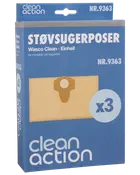 Pakke med 3 Clean Action støvsugerposer, kompatible med Wasco Clean og Einhell modeller. Papkrave med centralt hul for nem montering. Modelnummer NR.9363.