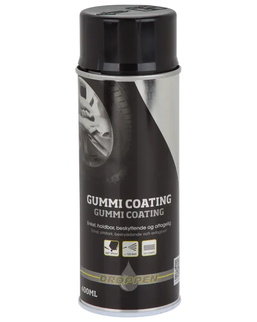 400 ml spraydåse Droppen Gummi Coating til holdbar, beskyttende og aftagelig gummibelægning på overflader som dæk. Sort dåse med produktinformation og ikoner.
