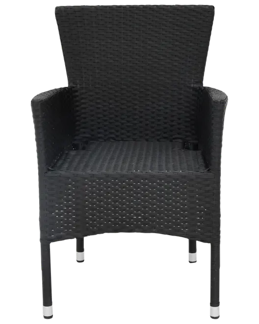 Sort udendørs lænestol i flet med høj ryg, armlæn og solide metalben med sølvfarvede fødder. Velegnet til terrasse eller have.