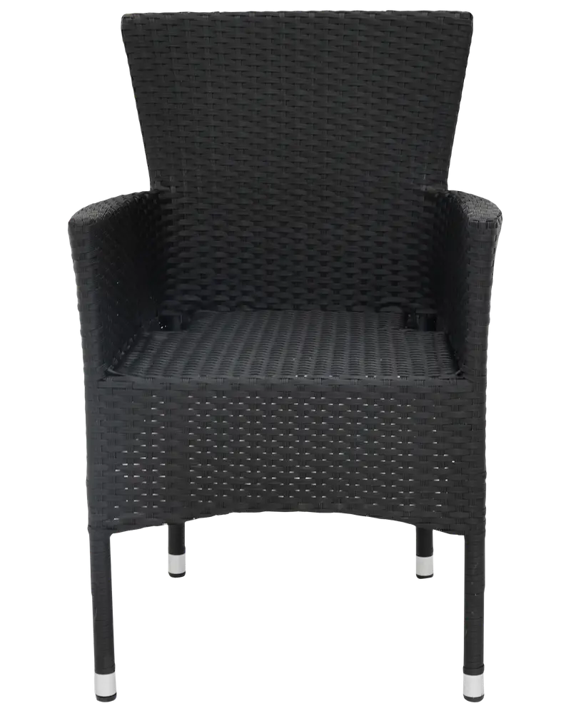 Svart utomhusfåtölj i flätad rotting med hög rygg, armstöd och stadiga metallben med silverfärgade fötter. Passar uteplats eller trädgård.