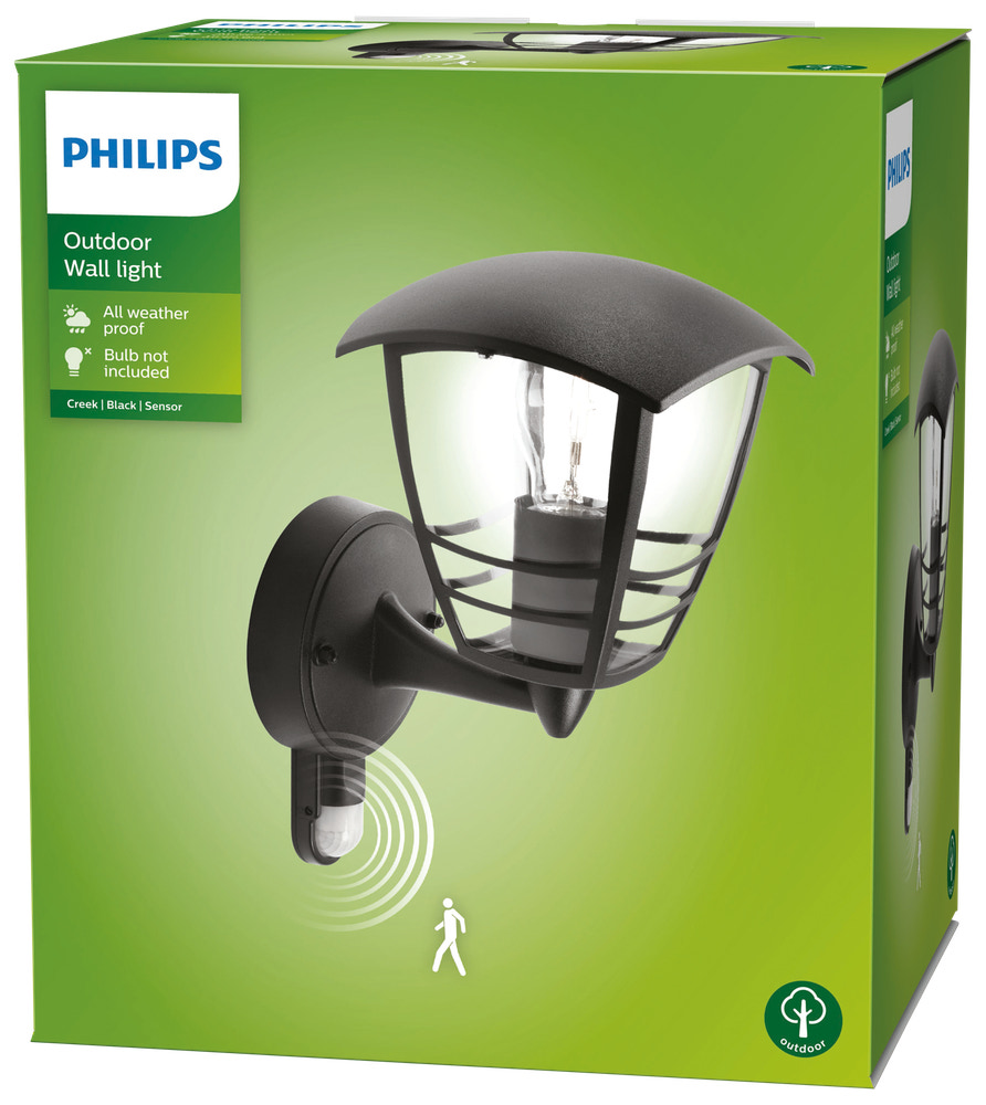 PHILIPS Væglampe Creek up med sensor E27 - sort