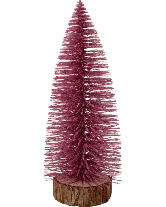 Dekorativ flaskborstgran med rosa glitter, konisk form och träfot. Perfekt för jul- eller bordsdekoration. Cirka 25 cm hög, lätt och festlig.