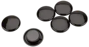 Set med sex runda, blanka svarta magneter med slät yta. En magnet visas upp och ner, vilket visar den magnetiska basen. Perfekt för whiteboards eller kylskåp.