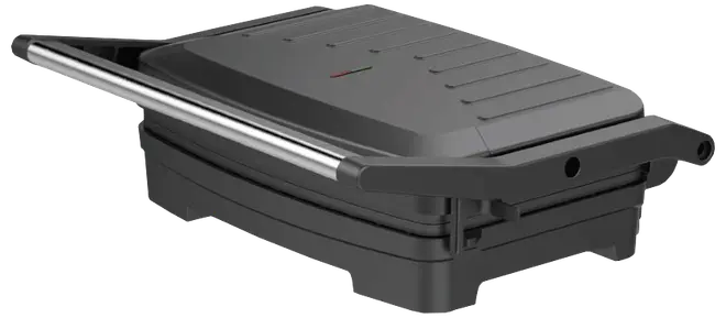 Elektrisk kontaktgrill med non-stick plader, sort kabinet, sølvhåndtag og indikatorlys på toppen. Kompakt design til grillning af sandwiches, kød eller grøntsager indendørs.