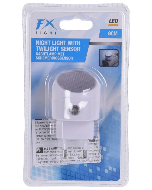Vit LED-nattlampa med skymningssensor, 8 cm, för vägguttag. Tänds automatiskt vid låg belysning. Förpackad i genomskinlig blisterförpackning.