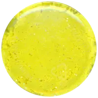 Rund, gennemsigtig gul slim med indlejret glimmer og små stjerneformede konfetti. Blød, strækbar tekstur, ideel til sanseleg eller stressaflastning.